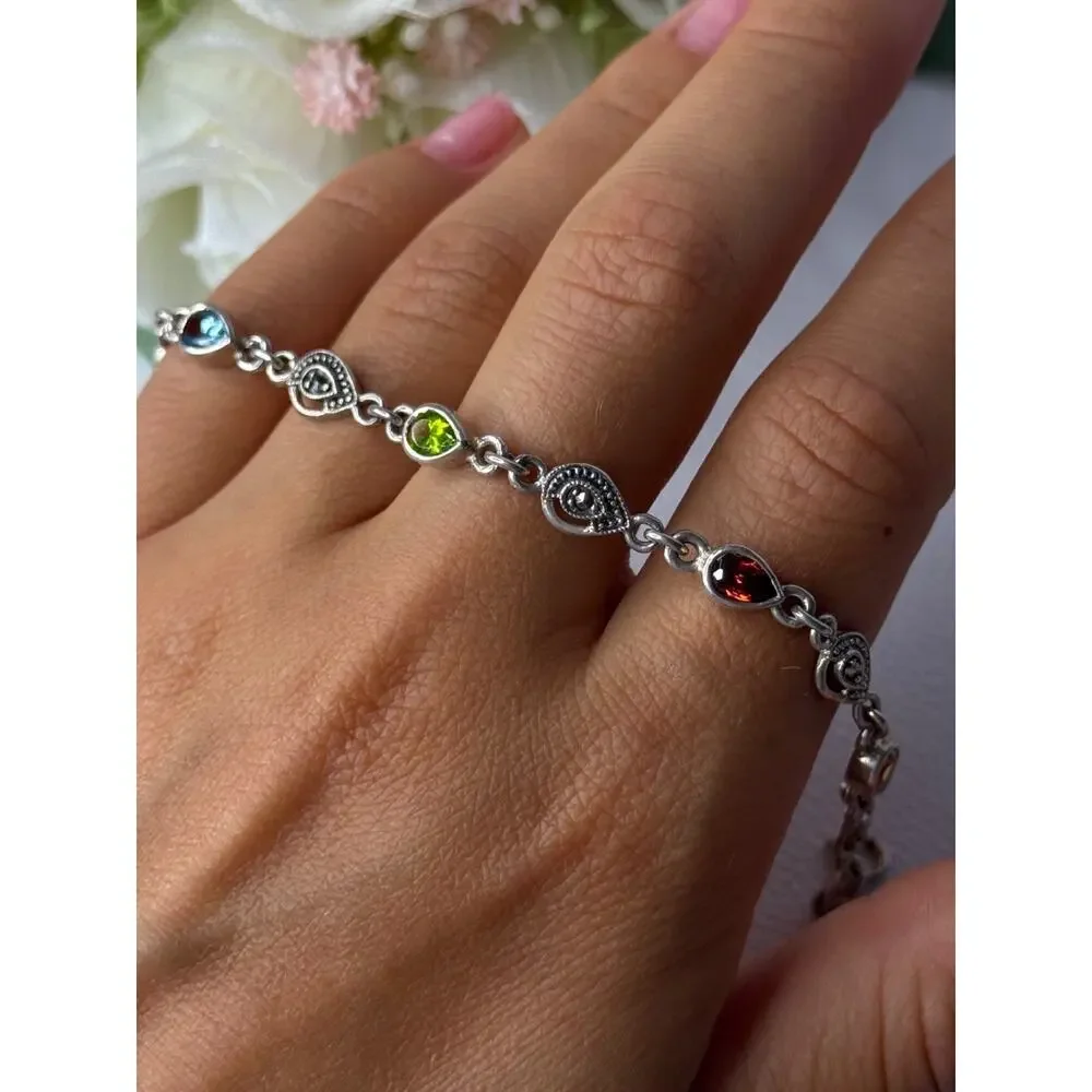 925 Sterling Silver Amethyst Citrine Garnet Peridot Topaz Bracelet Length 7.5 In